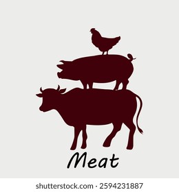 Emblem for a butcher store depicting a cow with a pig on its back with a chicken on its back. Silhouettes in minimalist style