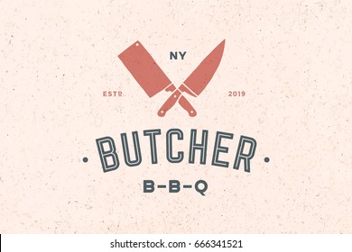 Emblem of Butchery meat shop with Knives silhouette, text The Butcher, BBQ. Logo template for meat business - farmer shop, market or design - label, banner, sticker. Vector Illustration