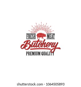 Emblem of Butchery meat shop with Pig silhouette, text The Butchery, Fresh Meat. Logo template for meat business - farmer shop, market, restaurant