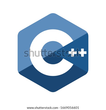 Emblem of C plus plus programming language. Blue hexagon with the letter C and two pluses inside.