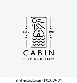 Emblem of Cabin Line Art logo Vector Design, Illustration of Cottage and Water Concept Minimalist and Simple