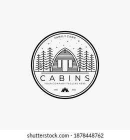 Emblem of Cabin Logo Line Art Design Vector Illustration Icon, Wooden Cabin, Cabin Forest, Cottage, Wood Cabin