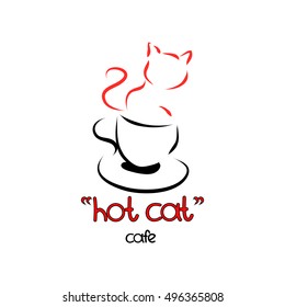 The emblem of the cafe for cat lovers. Kitten sitting in a Cup, abstract illustration on white background. Vector illustration