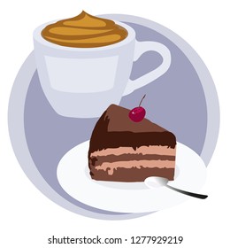 emblem for the cafeteria Cup of coffee with a piece of cake