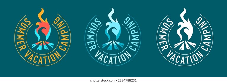 Emblem for camping or touristic organization with burning campfire coloured flame and text in circle. Vector illustration