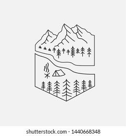 Emblem of camping vector. Outdoor activity symbol with gray background and black vector. camping in the mountains