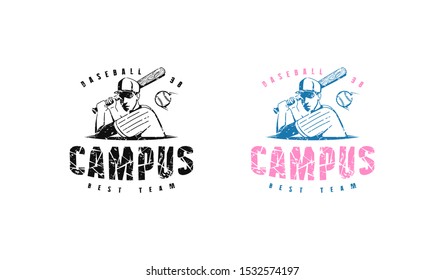 Emblem of campus baseball team. Design with vintage texture for t-shirt. Black and color print on white background