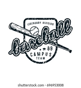Emblem of campus baseball team. Graphic design for t-shirt. Black print on white background