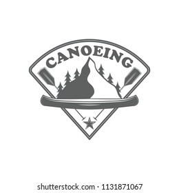 Emblem canoe club. Logo from forest of tmountain and canoe. For travel or club. Vector Stock Illustration