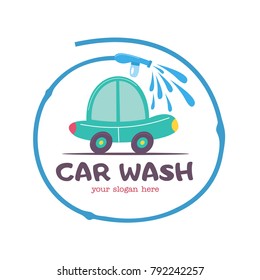 The emblem of the car wash. Vector illustration in cartoon style. Small car at the car wash, the emblem in the circle formed by the hose with water.