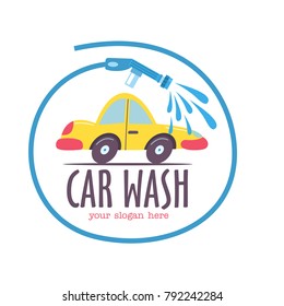 The emblem of the car wash. Vector illustration in cartoon style. Small car at the car wash, the emblem in the circle formed by the hose with water.