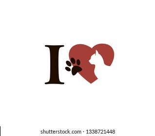 emblem of cat and footprint in abstract red heart isolated on white background