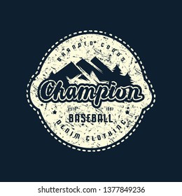 Emblem of champions baseball team with rough texture. Graphic design for sticker and t-shirt. White print on black background