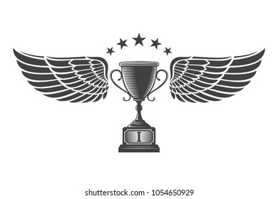 Emblem champion's cup with wings. Sport game icons, logos, badges and design elements in grey color. Victory trophies and awards, isolated on white background.