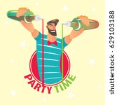 Emblem with cheerful and smiling bartender in striped tshirt with red bow tie is in round frame and pours liquid from the bottles. Party time concept. Vector illustration