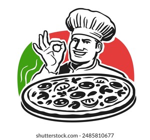 Emblem chef with pizza on background Italian flag. Pizzeria restaurant logo. Vector illustration