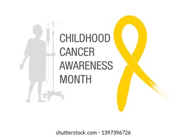 Emblem for a childhood cancer awareness month, picturing little bold head patient with drip stand, standing near big yellow  paint brush ribbon symbol.