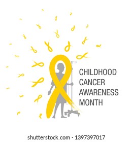 Emblem for a childhood cancer awareness month, picturing little bold head patient with drip stand, standing behind big yellow ribbon paint brush and many small ribbons making halo.