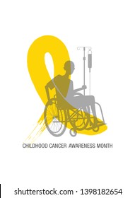 Emblem for a childhood cancer awareness month, picturing little bold head patient with drip stand, sitting in a wheelchair with big yellow ribbon symbol.