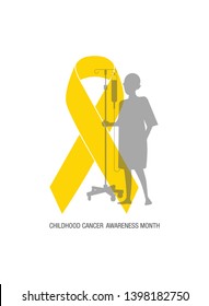 Emblem for a childhood cancer awareness month, picturing little bold head patient with drip stand, standing behind big yellow ribbon symbol.