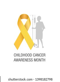 Emblem for a childhood cancer awareness month, picturing little bold head patient with drip stand, standing behind big yellow satin ribbon symbol.