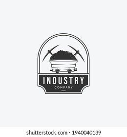 Emblem Coal Mining Cart with Pickaxe Vintage Logo, Illustration Design of Sand Mine Trolley Concept, Vector of Minimalist Sand Cart