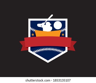 emblem coat of arm logo of basketball with men athlete holding bat ready to hit ball inside sharp corner shield with ribbon