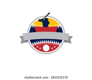 emblem coat of arm logo of basketball with men athlete holding bat ready to hit ball inside round shape of ball with ribbon