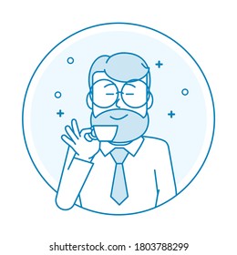 Emblem or coffee cup holder. Man in glasses and with a beard drinks coffee with his eyes closed with pleasure. Illustration in line art style. Vector