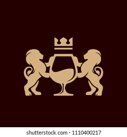 Emblem of cognac with lions and crown on a dark background in vector EPS8