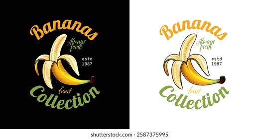 Emblem collection of fruits. Bananas. Original vector illustration in vintage style. T-shirt design. Hand drawn, not AI