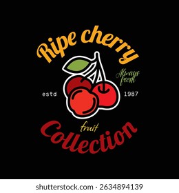 Emblem collection of fruits. Ripe cherry. Original vector illustration in vintage style. T-shirt design. Hand drawn, not AI
