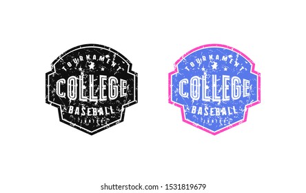 Emblem of college baseball team for t-shirt. Design with vintage texture. Black and color print on white background