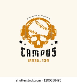 Emblem of college baseball team with vintage texture for sticker and t-shirt design. Color print on white background