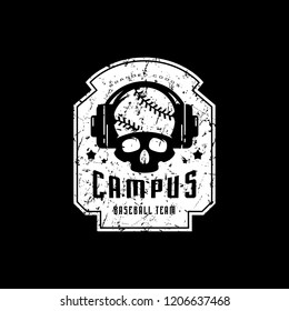 Emblem of college baseball team with vintage texture for sticker, tag and t-shirt design. White print on black background