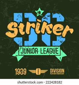 Emblem of the college rugby team in retro vintage style. Graphic design for t-shirt. Color print on a dark background
