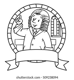 Emblem or coloring book of funny judge. A man in barrister wig, dressed in mantle, with briefcase understand thumbs up. Profession series. Childrens vector illustration.