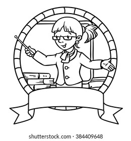 Emblem or coloring book of funny teacher with the pointer near the desk. Profession series. Children vector illustration.