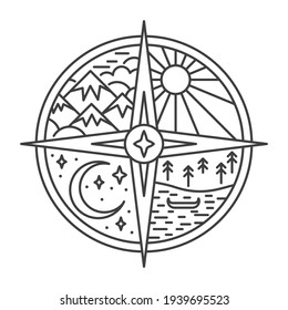 Emblem with compass in line style. Nature landscape with mountain and sun rays, lake with boat and night sky with moon and stars in linear style. Vector illustration