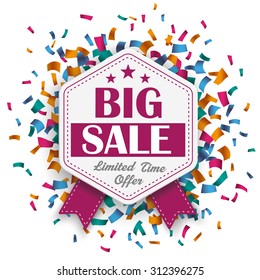 Emblem with confetti and text Big Sale and limited time offer. Eps 10 vector file.