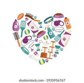 Emblem consisting of cats care accessories, flat vector illustration isolated.
