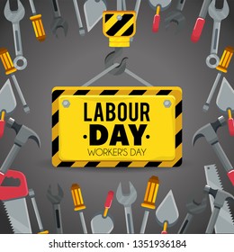 emblem with construction tools to labour day