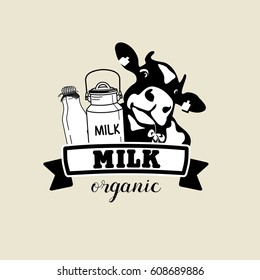 The emblem of the cow and the milk. Vector black-and-white sign for milk producers and dairy products.