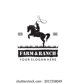 emblem of cowboy silhouette with lasso on horse isolated on white background