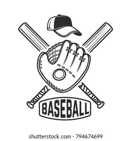 Emblem With Crossed Baseball Bat And Baseball Glove. Design Element For Logo, Label, Emblem, Sign, Badge. Vector Illustration