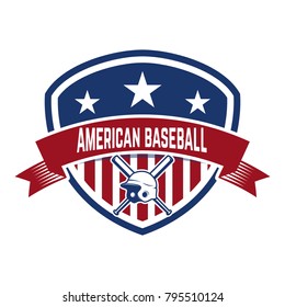Emblem with crossed baseball bat and baseball helmet. Design element for logo, label, emblem, sign, badge. Vector illustration