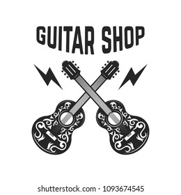 Emblem with crossed guitars. Design elements for logo, label, sign, poster. Vector image