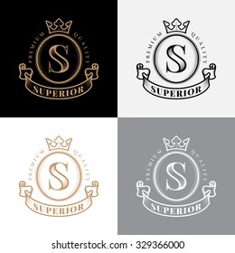 Emblem with crown, ribbon and letter S in vintage style. Vector illustration.