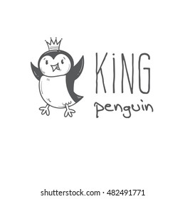 Emblem with cute cartoon king penguin. Little antarctic bird. Vector contour image.