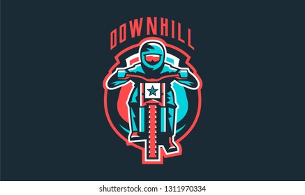 Emblem of a cyclist on a mountain bike. Sport bike logo. Sport bicycle, racer, jump, downhill, mtb, bmx, race, extreme. Vector illustration